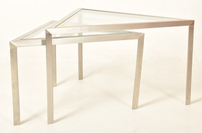 Lot 489 - RETRO 20TH CENTURY ITALIAN STYLE CHROME & GLASS NEST OF TWO TRIANGULAR TABLES