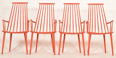 Lot 138 - FDB MOBLER - FOUR VINTAGE DANISH DESIGN RED PAINTED STICKBACK ARMCHAIRS