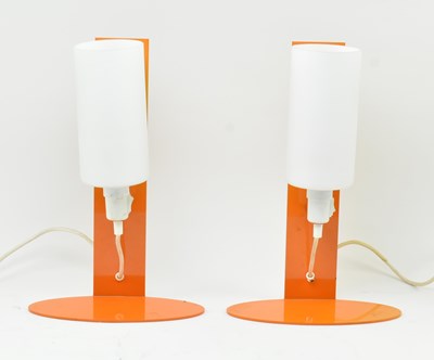 Lot 442 - PAIR OF VINTAGE ORANGE METAL & FROSTED GLASS DESK LAMPS