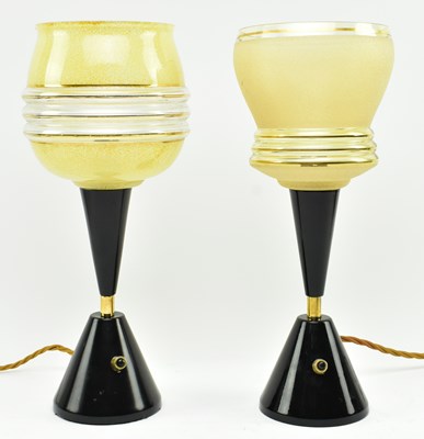 Lot 554 - NEAR MATCHED PAIR OF ART DECO STYLE COLOUR GLASS & METAL DESK TABLE LAMPS