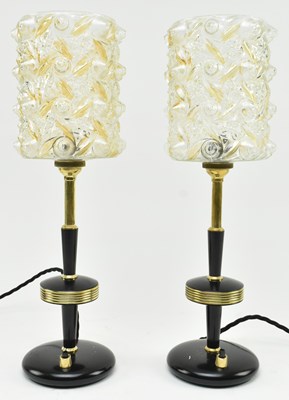 Lot 529 - PAIR OF ITALIAN MID CENTURY GLASS & BLACK METAL BEDSIDE / DESK LAMPS