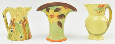 Lot 507 - BURLEIGH WARE & MYOTT, SON & CO - THRE ART DECO STUDIO ART POTTERY VASES / JUGS