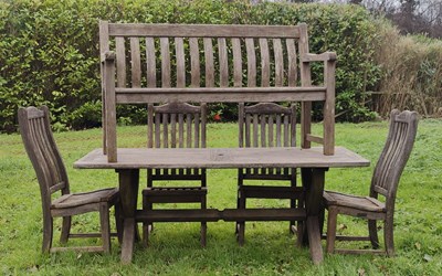 Lot 593 - MODERN GARDEN TABLE AND CHAIRS WITH MATCHING BENCH