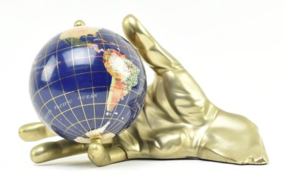 Lot 178 - VINTAGE DESKTOP GEMSTONE ROTATING GLOBE IN BRASS HAND
