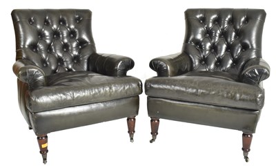 Lot 226 - PRIVATE COLLECTION OF DERREN BROWN - PAIR OF DARK GREEN LEATHER BUTTONED BACK ARMCHAIRS