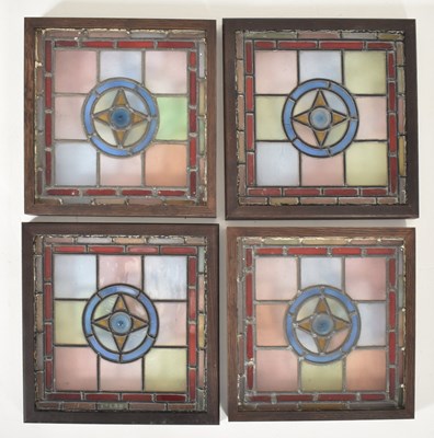Lot 598 - FOUR VINTAGE MID CENTURY GEOMETRIC STAINED GLASS WINDOW PANELS