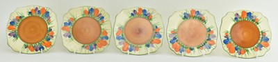 Lot 67 - CLARICE CLIFF - BIZARRE - FIVE CROCUS PATTERN SIDE PLATES