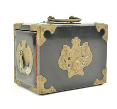 Lot 37 - CHINESE BLACK LACQUER & BRASS MOUNTED BOX WITH HIDDEN LOCK