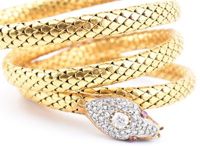 Lot 9 - 19TH CENTURY FRENCH 18CT GOLD DIAMOND & RUBY SERPENT BANGLE
