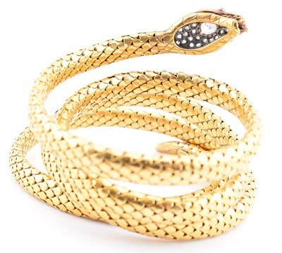 Lot 9 - 19TH CENTURY FRENCH 18CT GOLD DIAMOND & RUBY SERPENT BANGLE