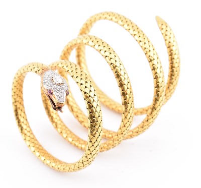Lot 9 - 19TH CENTURY FRENCH 18CT GOLD DIAMOND & RUBY SERPENT BANGLE