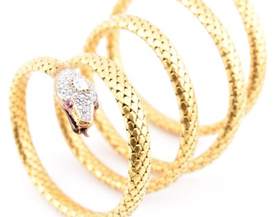 Lot 9 - 19TH CENTURY FRENCH 18CT GOLD DIAMOND & RUBY SERPENT BANGLE