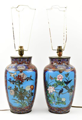Lot 171 - PAIR OF 20TH CENTURY JAPANESE CLOISONNE VASE LAMP BASES 二十世纪日本珐琅灯座一对