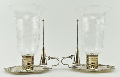 Lot 10 - PAIR OF VINTAGE SILVER PLATED CANDLE HOLDERS WITH GLASS SHADES