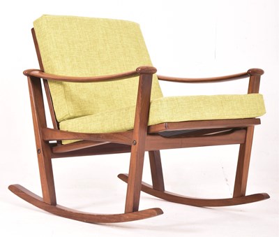 Lot 385 - MID CENTURY TEAK & HOPSACK UPHOLSTERED ROCKING CHAIR