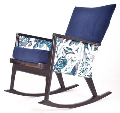 Lot 243 - PARKER KNOLL - MID CENTURY 1970S EBONISED TEAK & NEWLY UPHOLSTERED ROCKING ARMCHAIR