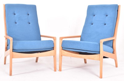 Lot 540 - MANNER OF FRED LOWEN - PAIR OF MID CENTURY TEAK & UPHOLSTERED EASY LOUNGE ARMCHAIR
