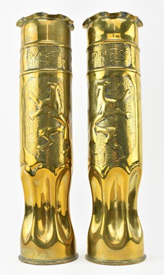 Lot 4 - TRENCH ART - PAIR OF FIRST WORLD WAR HAMMERED ARTILLERY SHELL VASES