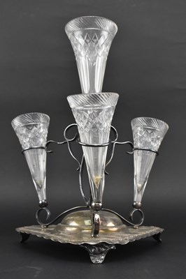 Lot 73 - LATE VICTORIAN SILVER PLATED & CUT GLASS CENTREPIECE LUSTRE