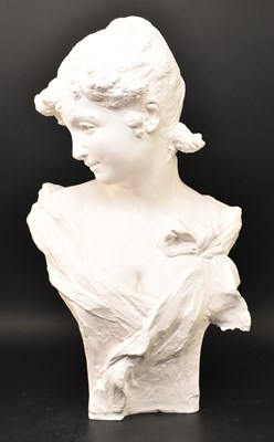Lot 61 - AFTER ALFRED J. FORETAY - 20TH CENTURY PLASTER FIGURE OF LADY BUST