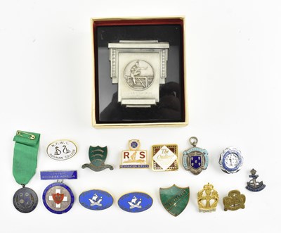 Lot 148 - FISA WOMENS 80 METRE HURDLES MEDAL 1952 & COLLECTION OF ENAMEL BADGES
