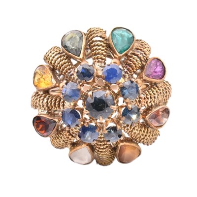 Lot 399 - 14CT GOLD & MULTICOLOURED GEM PRINCESS CLUSTER RING