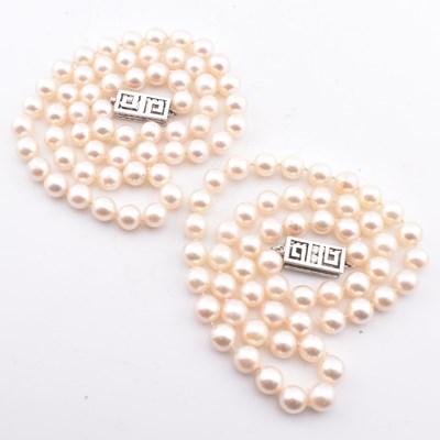 Lot 405 - TWO 18CT WHITE GOLD DIAMOND & CULTURED PEARL NECKLACES