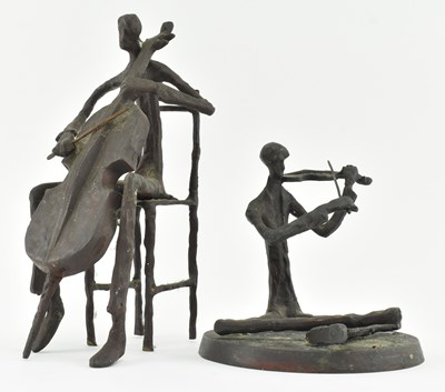 Lot 2 - AFTER GIACOMETTI - TWO VINTAGE MODERNIST BRONZE FIGURINES OF MUSICIANS