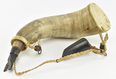Lot 20 - 19TH CENTURY TRIBAL FOLK ART HORN FLASK WITH LEATHER STRAP