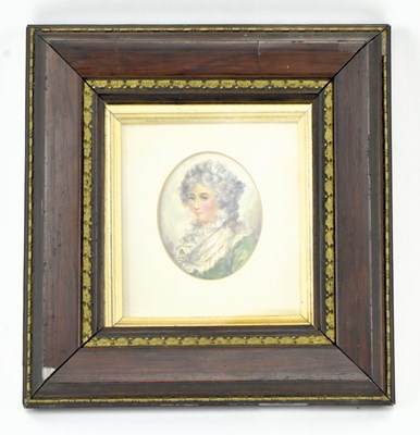 Lot 159 - REGENCY STYLE SILK PORTRAIT PAINTING OF A LADY, FRAMED