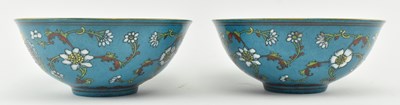 Lot 98 - PAIR OF 20TH CENTURY TURQUOISE GROUND ENAMELLED FLORAL BOWLS