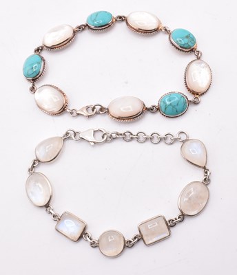 Lot 333 - TWO SILVER GEM SET BRACELETS SET TURQUOISE, MOONSTONE & MOTHER OF PEARL