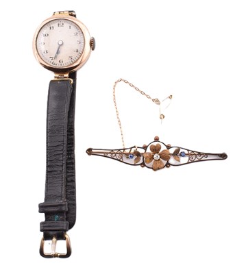 Lot 205 - 15CT GOLD & GEM SET BROOCH PIN & HALLMARKED 9CT GOLD WRISTWATCH
