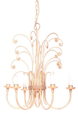 Lot 429 - PAIR OF HOLLYWOOD REGENCY STYLE GILDED METAL SIX ARM CHANDELIERS