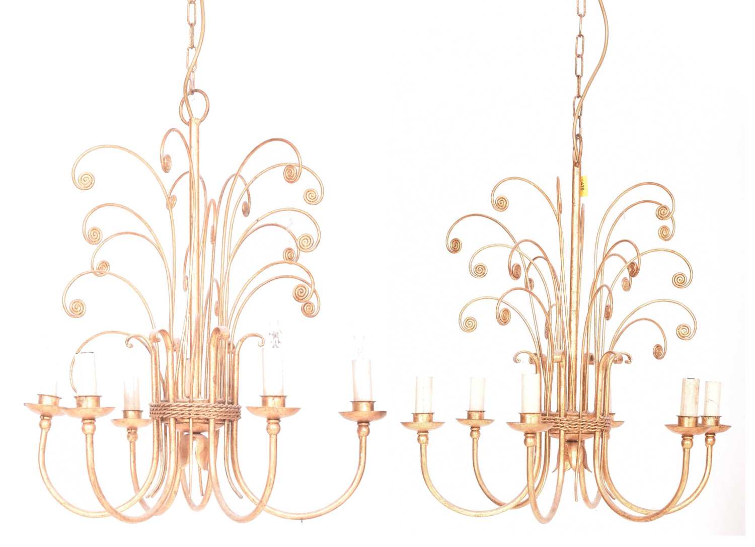 Lot 429 - PAIR OF HOLLYWOOD REGENCY STYLE GILDED METAL SIX ARM CHANDELIERS