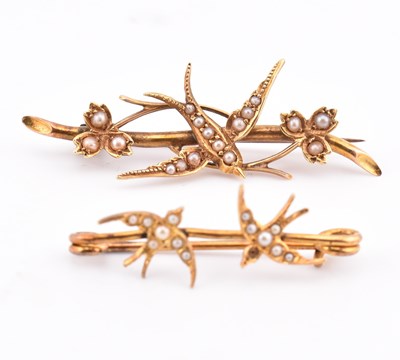 Lot 213 - TWO GOLD & PEARL SWALLOW BROOCH PINS