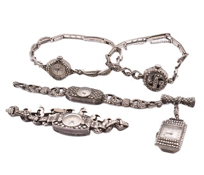 Lot 297 - FIVE SILVER MARCASITE WATCHES