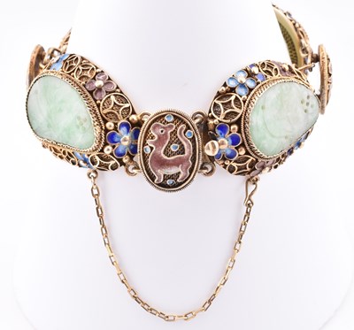 Lot 146 - SILVER JADE & ENAMEL BRACELET