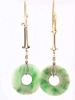 Lot 160 - GOLD & JADE PENDANT EARRINGS