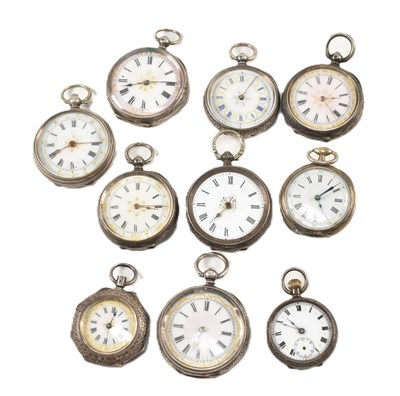 Lot 385 - NINE SILVER ASSORTED FOBWATCHES & A SILVER PLATED FOB WATCH