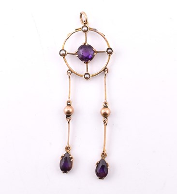 Lot 183 - EDWARDIAN 9CT GOLD AMETHYST & PEARL NECKLACE PENDANT