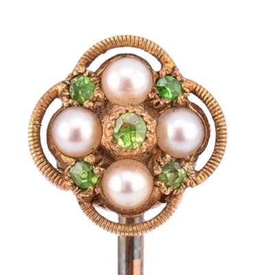 Lot 71 - DEMANTOID GARNET & PEARL STICK PIN