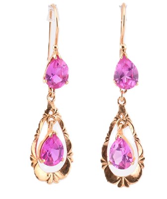 Lot 133 - 18CT GOLD & PINK SAPPHIRE PENDANT EARRINGS