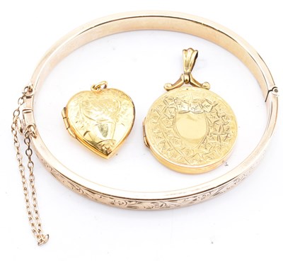 Lot 290 - 9CT GOLD CORE BANGLE & TWO ROLLED GOLD NECKLACE PENDANTS