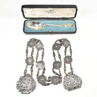 Lot 188 - HALLMARKED SILVER CASED PRESENTATION SPOON T/W EPNS NURSES BELT