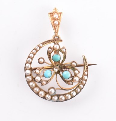 Lot 310 - 9CT GOLD TURQUOISE & SEED PEARL BROOCH PIN