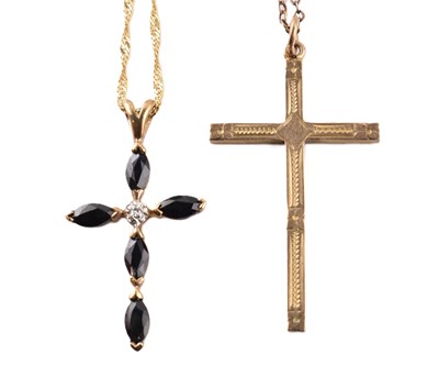 Lot 333 - 9CT GOLD CROSS PENDANT & 9CT GOLD SAPPHIRE & DIAMOND CROSS PENDANT NECKLACE