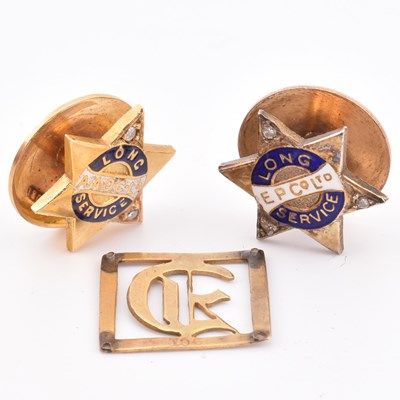 Lot 317 - TWO 9CT GOLD DIAMOND & ENAMEL LONG SERVICE PINS & INITIAL SLIDE