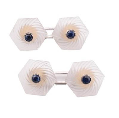 Lot 17 - 9CT WHITE GOLD CRYSTAL & SAPPHIRE CUFFLINKS