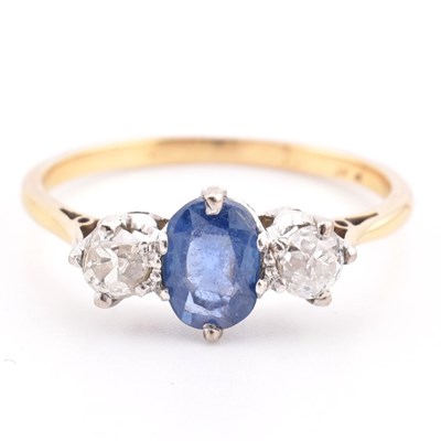 Lot 41 - 18CT GOLD & PLATINUM SAPPHIRE & DIAMOND THREE STONE RING